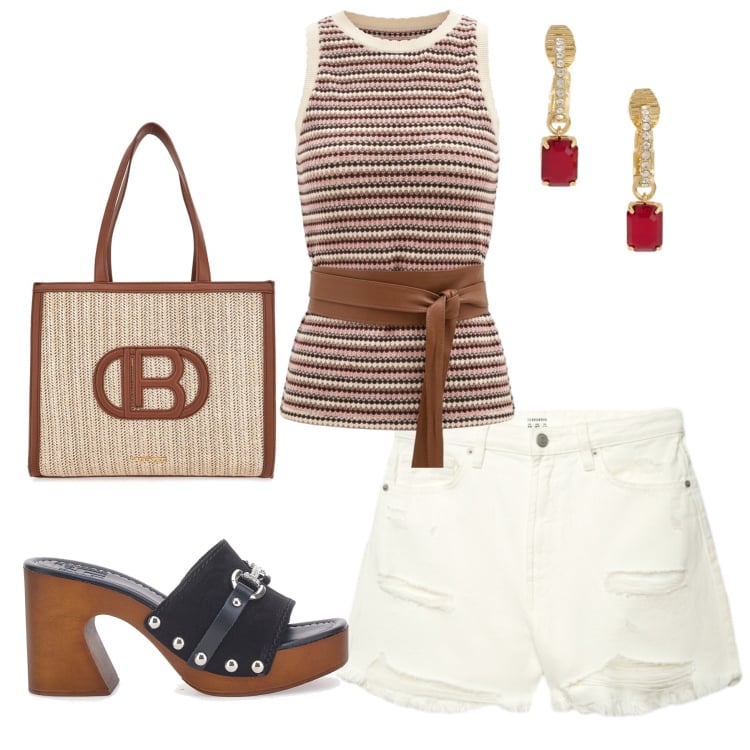 Outfit donna - Eleganza Estiva in Maglia. Stile Casual chic per Tutti i giorni. Abbinamento con shorts, canottiere, orecchini, borse a spalla, zoccoli.