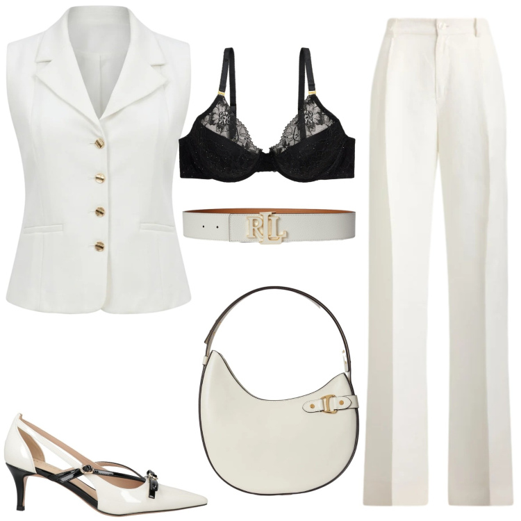 Outfit donna - Cena chic in città. Stile Chic per Serata fuori. Abbinamento con décolleté, gilet, pantaloni, borse a spalla, cinture, reggiseni.