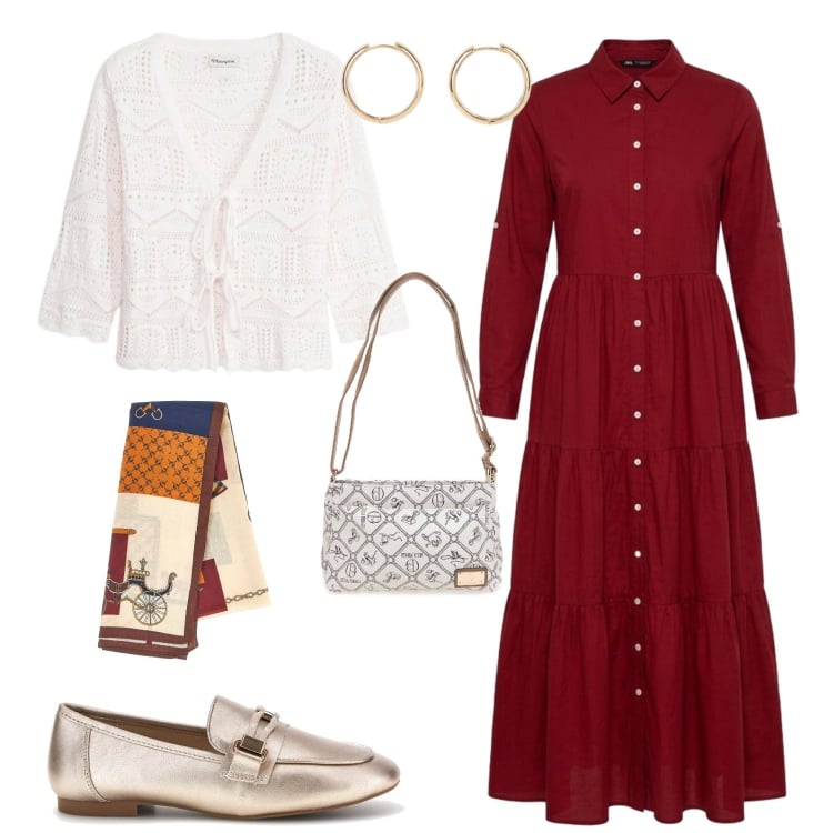 Outfit donna - Casual chic ufficio tempo libero. Stile Casual chic per Tutti i giorni. Abbinamento con cardigans, orecchini, vestiti chemisier, foulard, borse a tracolla, mocassini.