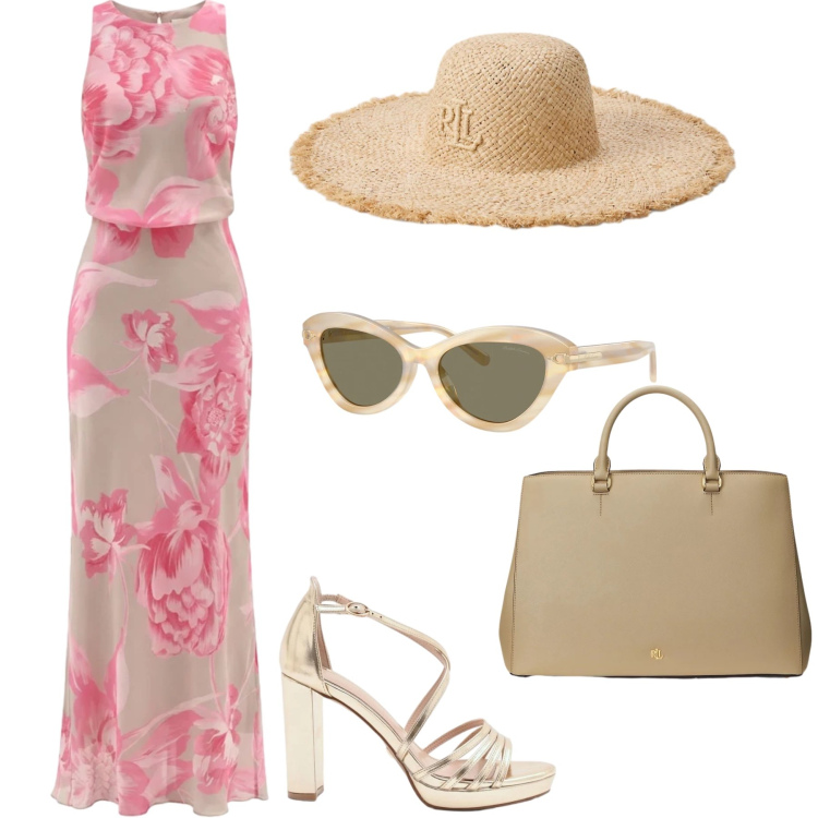 Outfit donna - Cerimonia a bordo piscina. Stile Chic per Cerimonia. Abbinamento con sandali col tacco, vestiti lunghi, occhiali da sole, borse a mano, cappelli.