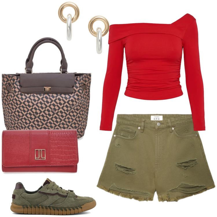 Outfit donna - Urban Safari Chic. Stile Casual chic per Tutti i giorni. Abbinamento con shorts, t-shirt, orecchini, sneakers, borse a mano, portafogli.