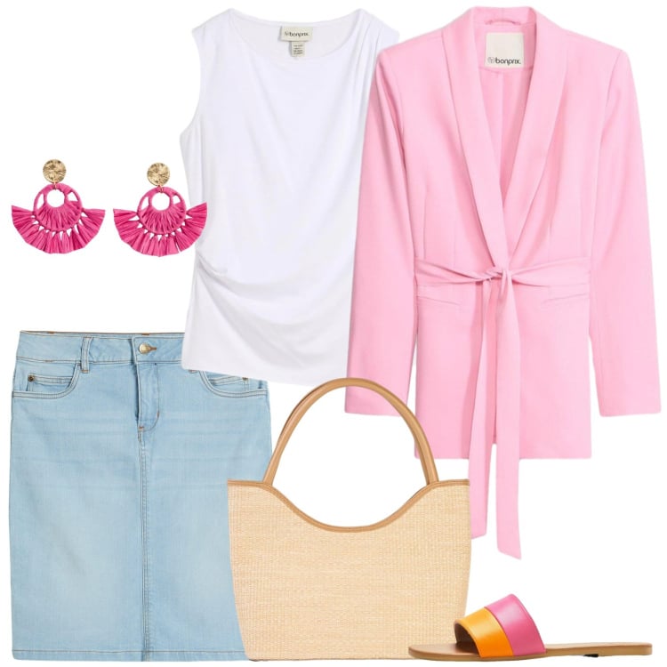 Outfit donna - La giacca ha la cintura. Stile Casual per Tutti i giorni. Abbinamento con blazer, top, gonne, ciabatte, orecchini, shopping bag.