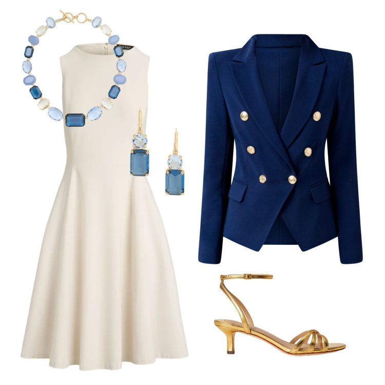 Outfit donna - Blue and gold. Stile Chic per Cerimonia. Abbinamento con blazer, sandali in pelle, orecchini, collane, vestiti corti.