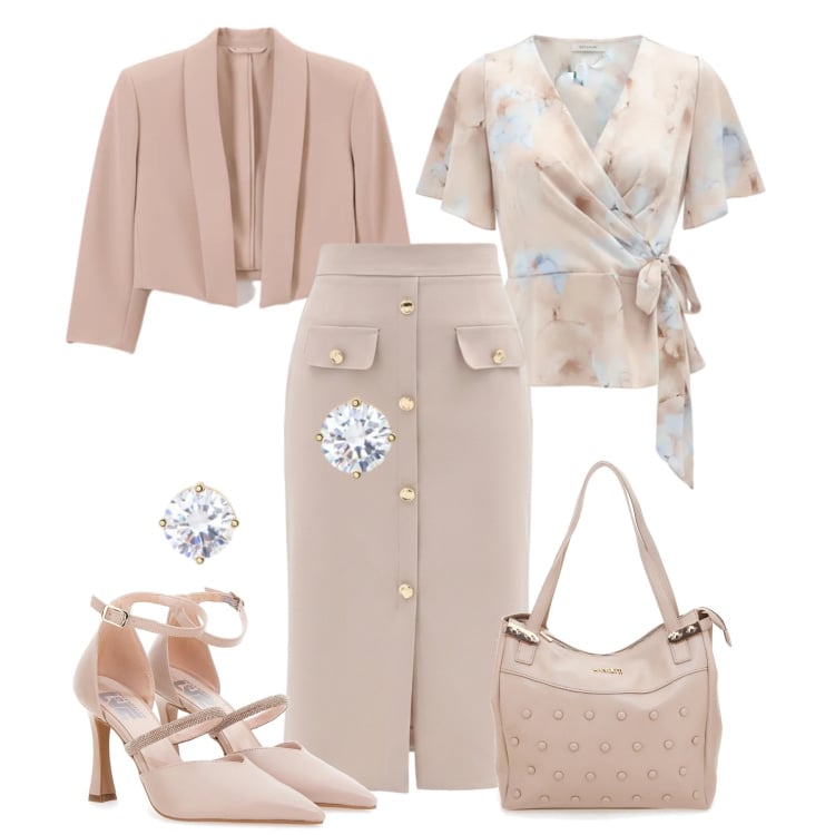 Outfit donna - Cerimonia focus punto vita. Stile Chic per Cerimonia. Abbinamento con bolero, gonne longuette, bluse, orecchini, décolleté, shopping bag.