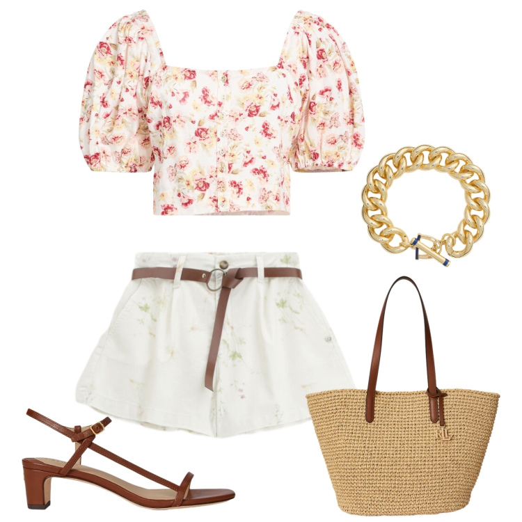 Outfit donna - Romanticismo Country-Chic. Stile Casual chic per Tutti i giorni. Abbinamento con camicie a manica corta, shorts, braccialetti, sandali in pelle, borse tote.