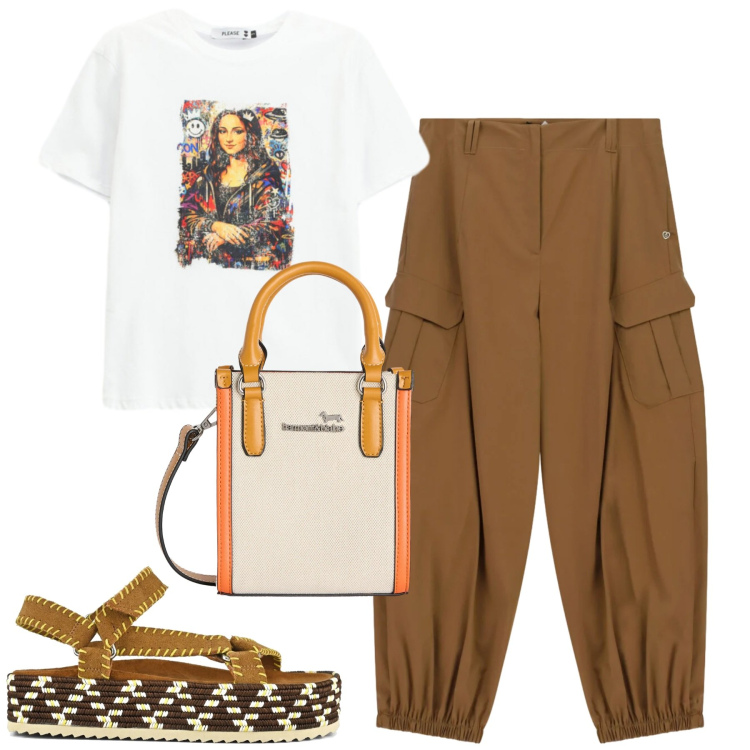 Outfit donna - City. Stile Casual per Tutti i giorni. Abbinamento con borse tote, t-shirt, pantaloni cargo, sandali.
