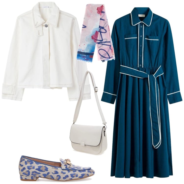 Outfit donna - Casual chic ufficio tempo libero. Stile Casual chic per Tutti i giorni. Abbinamento con vestiti chemisier, cappotti, mocassini, borse a tracolla, foulard.