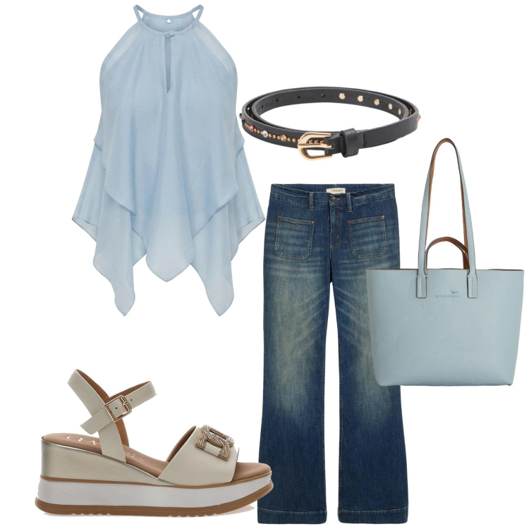 Outfit donna - Total look #2395331. Stile Minimal per Serata fuori. Abbinamento con jeans a zampa, cinture, shopping bag, canottiere, sandali col tacco.