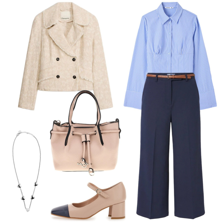 Outfit donna - Camicia a righe. Stile Casual chic per Ufficio. Abbinamento con blazer, camicie, pantaloni, collane, décolleté, borse a spalla.
