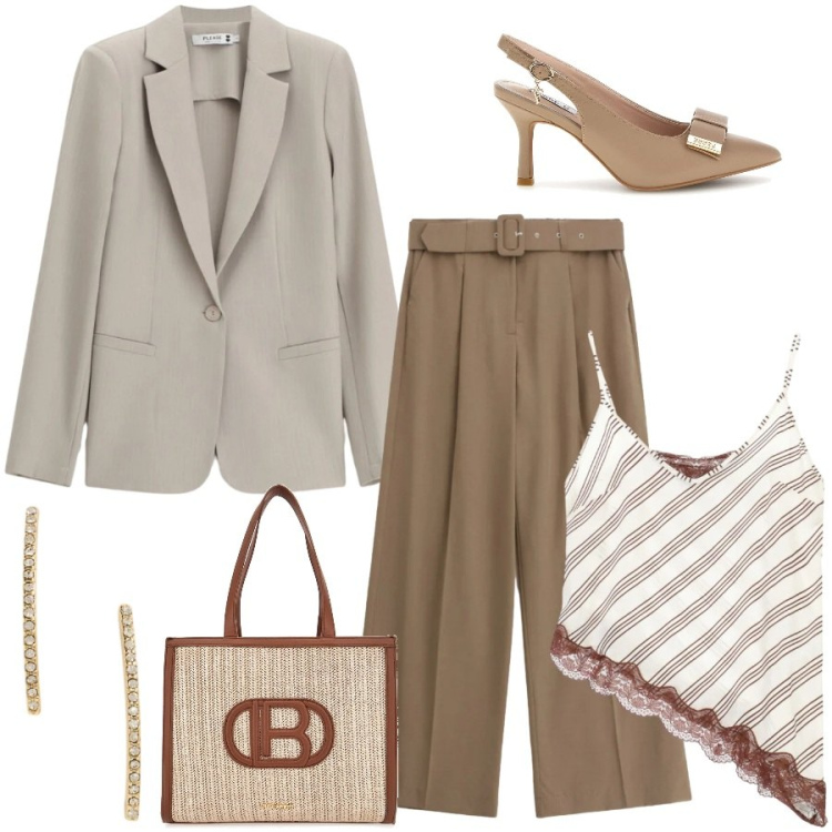 Outfit donna - Total look #2395333. Stile Urban per Ufficio. Abbinamento con top, pantaloni a palazzo, blazer, orecchini, décolleté, borse a spalla.