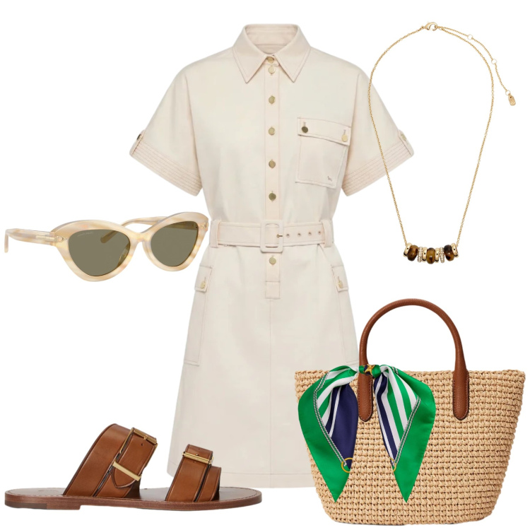 Outfit donna - Safari Urbano in Beige. Stile Casual chic per Tutti i giorni. Abbinamento con vestiti chemisier, collane, occhiali da sole, foulard, sandali in pelle, borse tote.