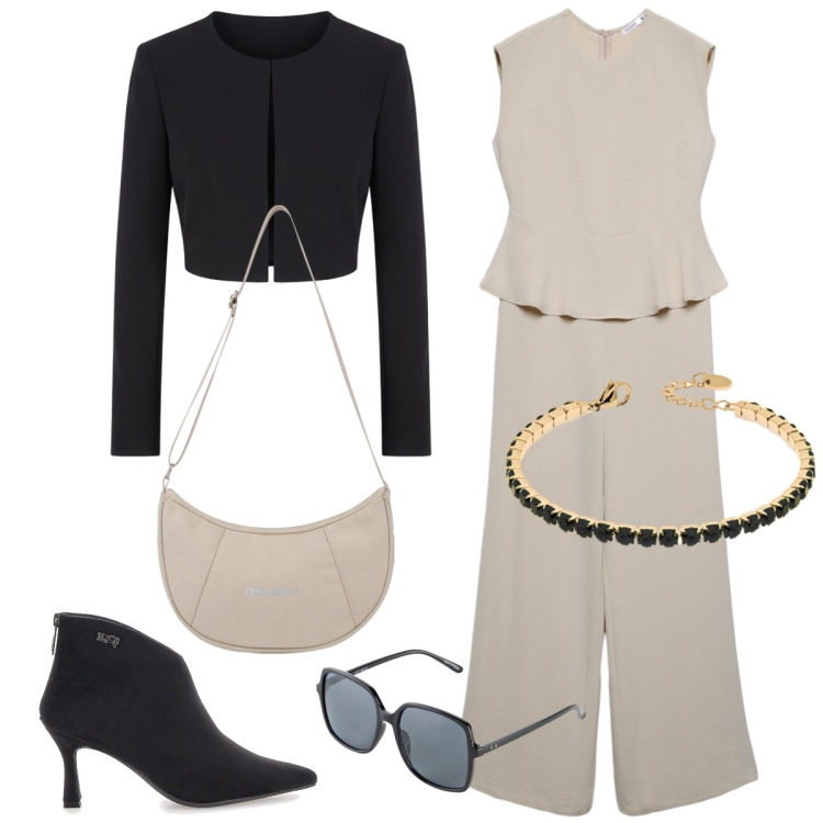 Outfit donna - Dinamica. Stile Casual chic per Tutti i giorni. Abbinamento con occhiali da sole, tute, bolero, borse a spalla, braccialetti, stivaletti.