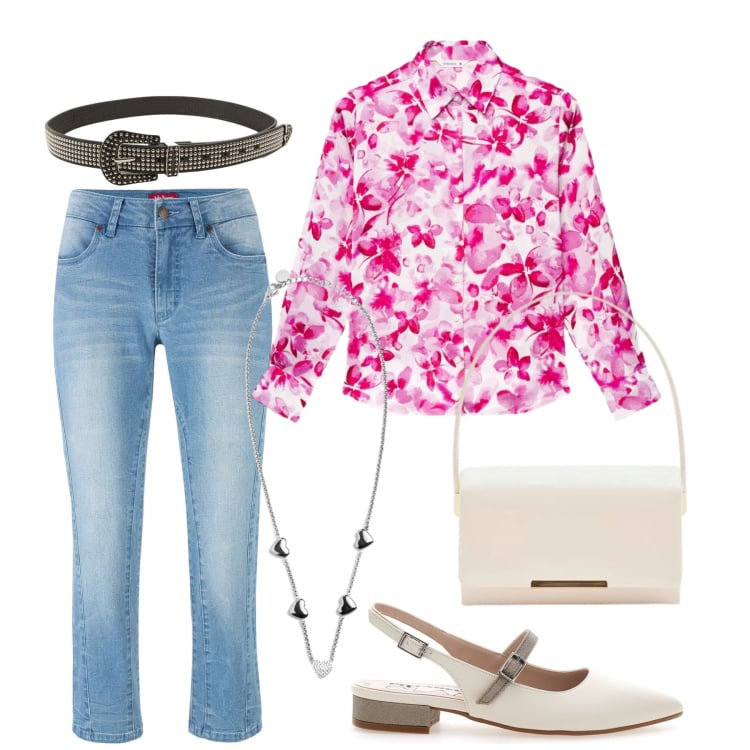 Outfit donna - Total look #2395338. Stile Basic per Ufficio. Abbinamento con jeans, camicie, cinture, pochette, collane, ballerine.