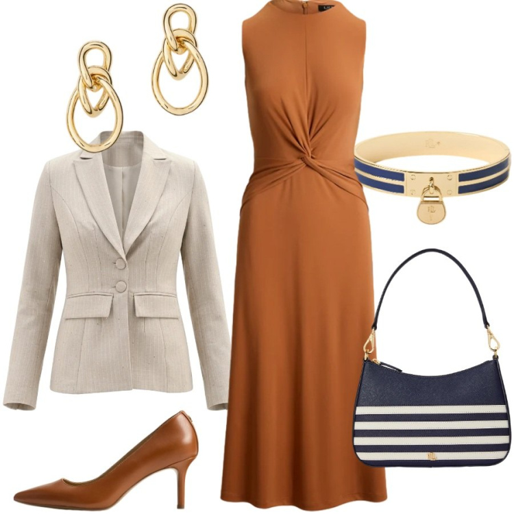 Outfit donna - Total look #2395339. Stile Chic per Cerimonia. Abbinamento con blazer, décolleté, orecchini, borse a spalla, braccialetti con ciondoli, vestiti senza maniche.