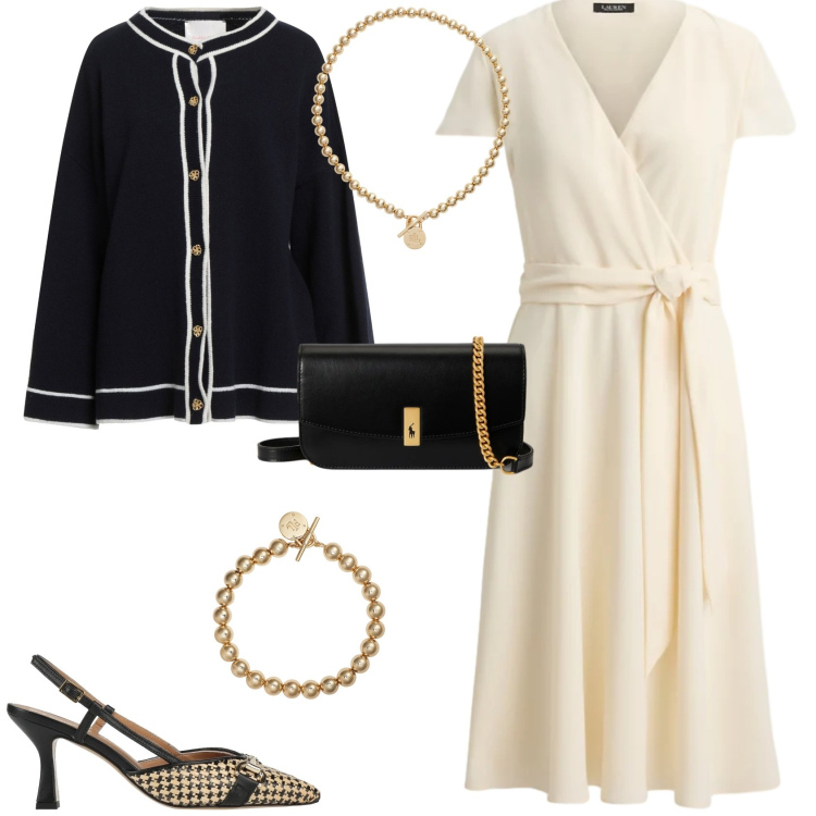 Outfit donna - Bon ton evento serata cerimonia. Stile Bon Ton per Serata fuori. Abbinamento con cardigans, décolleté, collane, braccialetti, clutch, vestiti chemisier.
