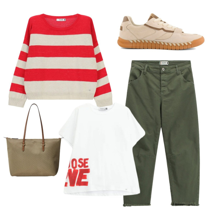 Outfit donna - Verde righe. Stile Casual Abbinamento con pantaloni, t-shirt, maglieria, borse tote, sneakers.
