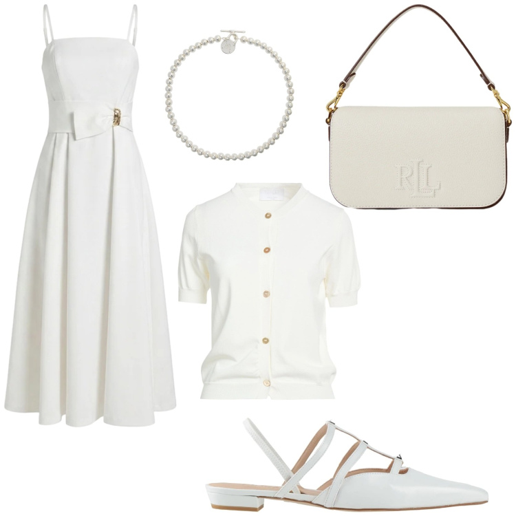 Outfit donna - Look Total White con le amiche. Stile Chic per Tutti i giorni. Abbinamento con ballerine, cardigans, vestiti asimmetrici, collane, borse a spalla.