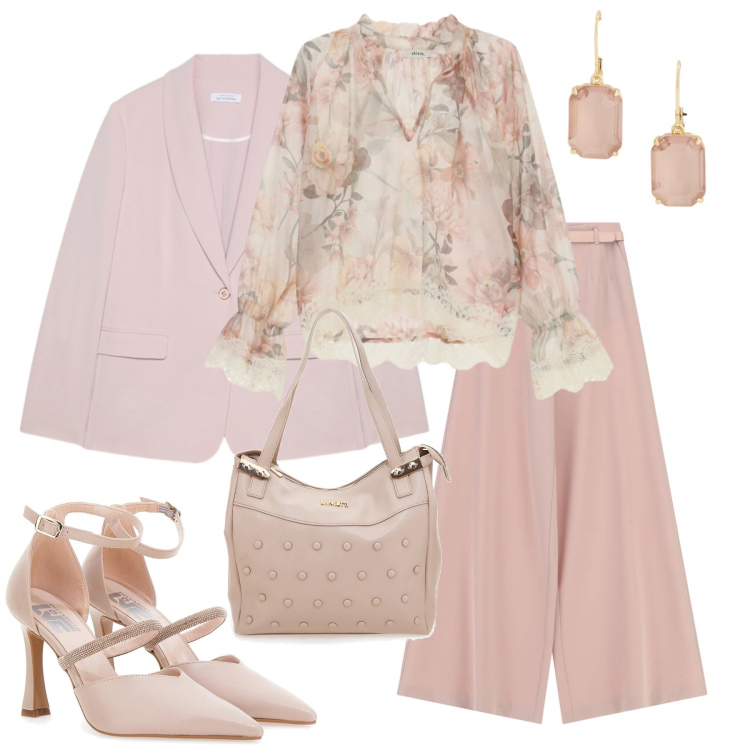 Outfit donna - Peach blush 2. Stile Chic per Cerimonia. Abbinamento con pantaloni a palazzo, bluse, blazer, orecchini, shopping bag, décolleté.