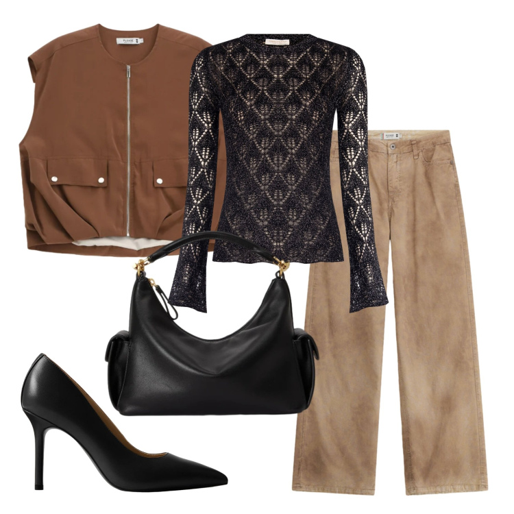 Outfit donna - Mezza stagione. Stile Casual chic per Scuola/Università. Abbinamento con pantaloni a palazzo, gilet, t-shirt, décolleté, borse a spalla.
