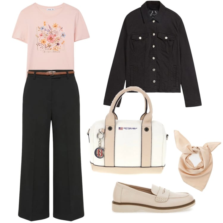 Outfit donna - Pesco. Stile Casual chic per Tutti i giorni. Abbinamento con blazer, t-shirt, pantaloni, foulard, borse a mano, mocassini.