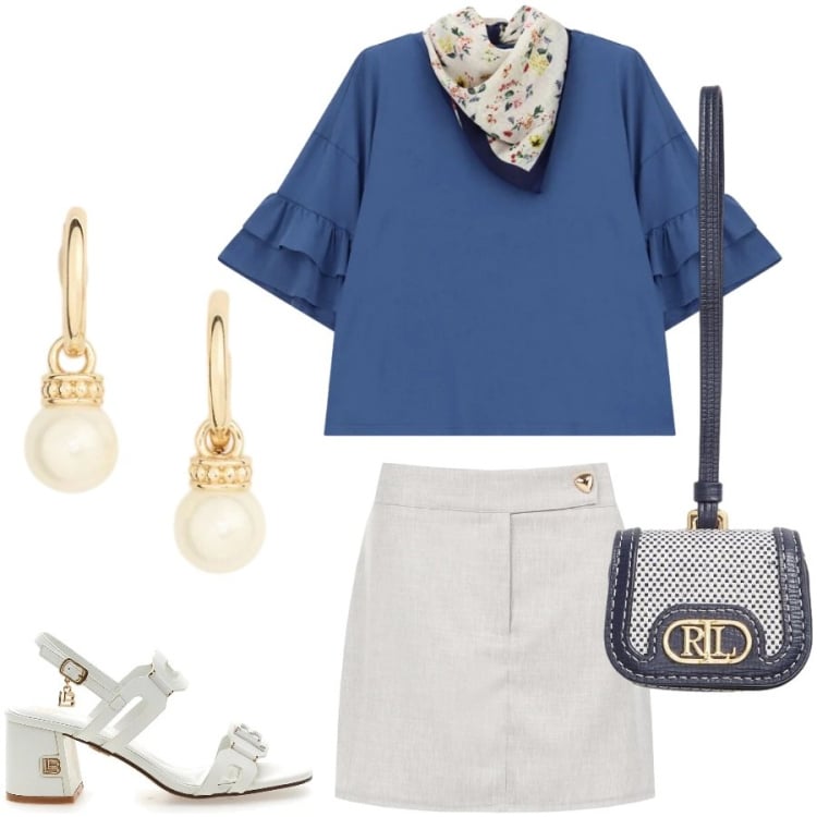 Outfit donna - Total look #2395357. Stile Casual chic per Cerimonia. Abbinamento con top, minigonne, orecchini, pochette, sandali col tacco.