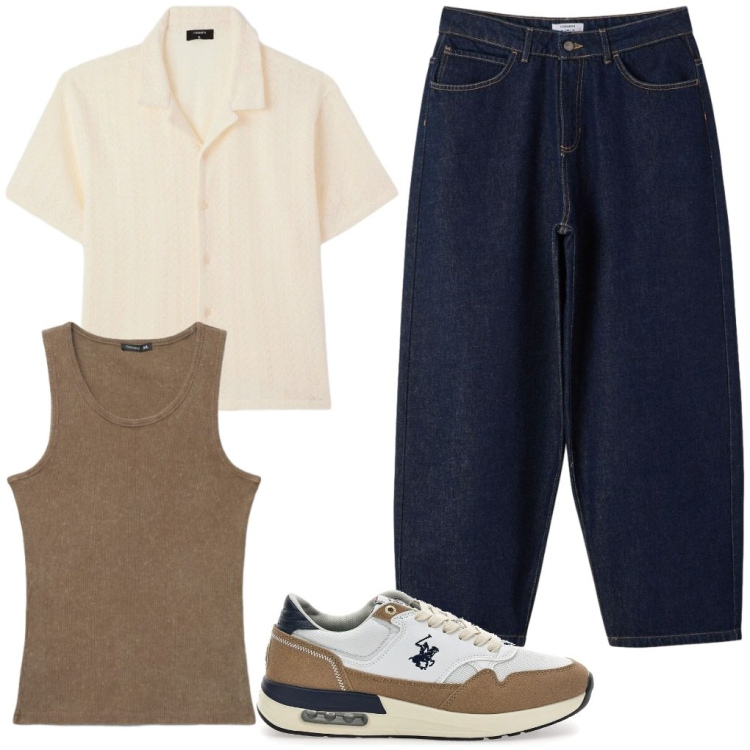 Outfit uomo - 44. Muscoli. Stile Trendy per Tutti i giorni. Abbinamento con jeans, camicie a manica corta, canottiere, sneakers.