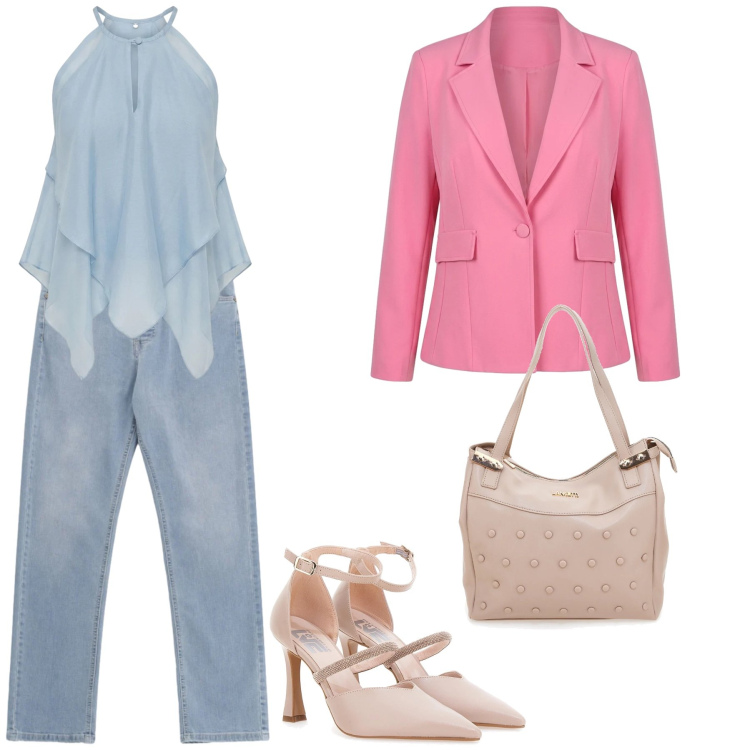 Outfit donna - Il blazer fucsia. Stile Sporty chic per Tutti i giorni. Abbinamento con jeans, canottiere, blazer, décolleté, shopping bag.