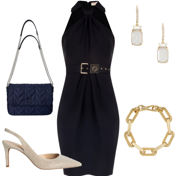Outfit donna - Midnight Glamour. Stile Glamour per Serata fuori. Abbinamento con décolleté, vestiti a tubino, orecchini, braccialetti, borse a tracolla.