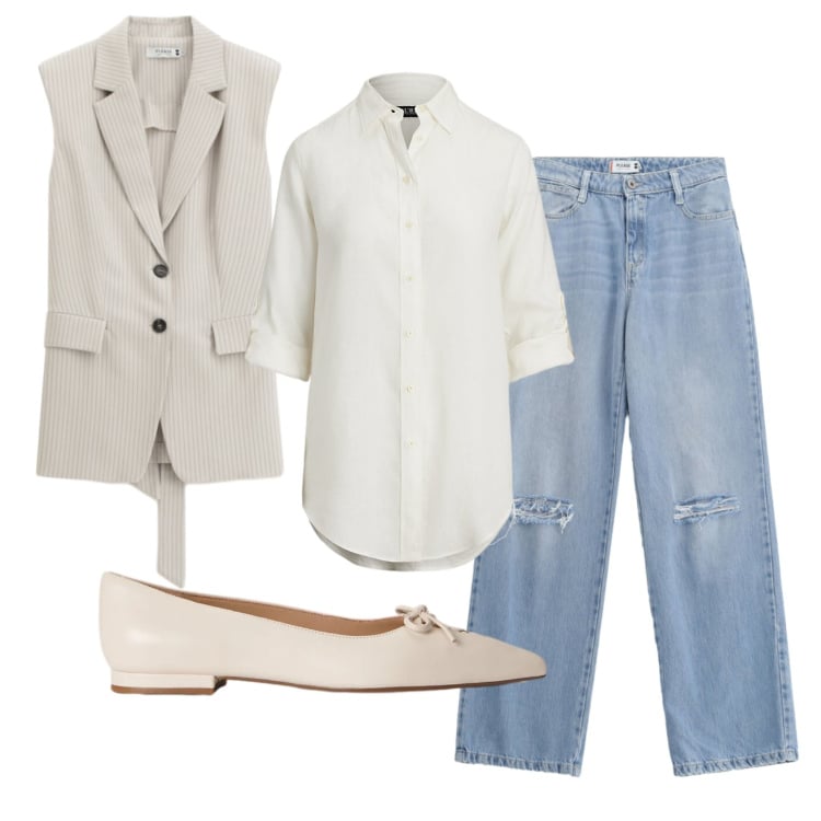 Outfit donna - Total look #2395361. Stile Casual chic per Ufficio. Abbinamento con gilet, jeans strappati, camicie, ballerine.