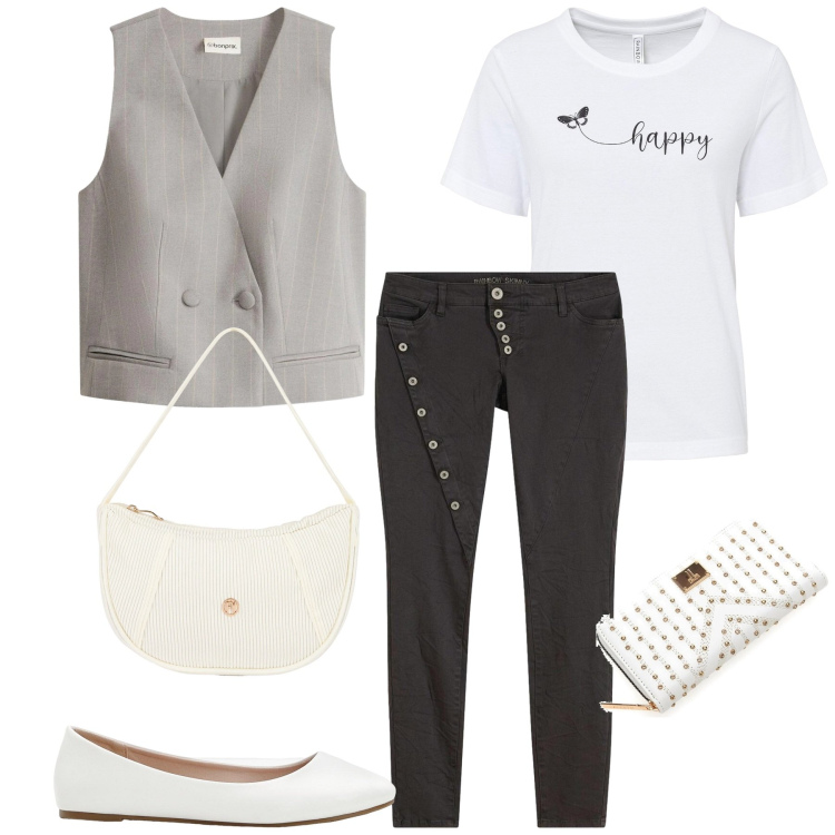 Outfit donna - Total look #2395362. Stile Glamour per Ufficio. Abbinamento con gilet, t-shirt, ballerine, pantaloni, borse a mano, portafogli.
