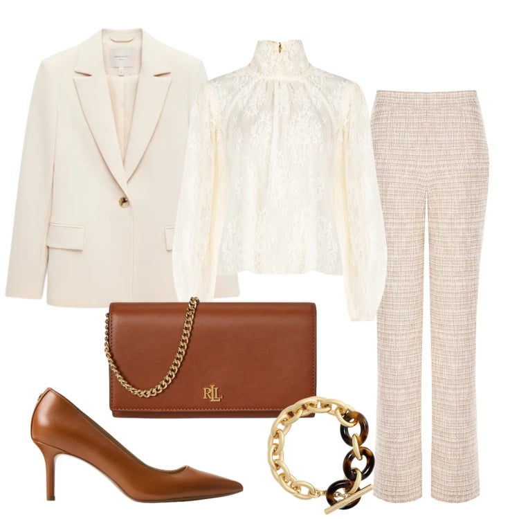 Outfit donna - Cerimonia a Maggio. Stile Chic per Cerimonia. Abbinamento con bluse, pantaloni a palazzo, blazer, borse a tracolla, braccialetti, décolleté.