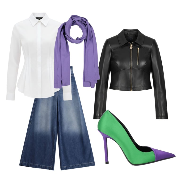 Outfit donna - Décolleté verdi e viola. Stile Glamour per Scuola/Università. Abbinamento con décolleté, sciarpe, jeans, giacche, camicie.