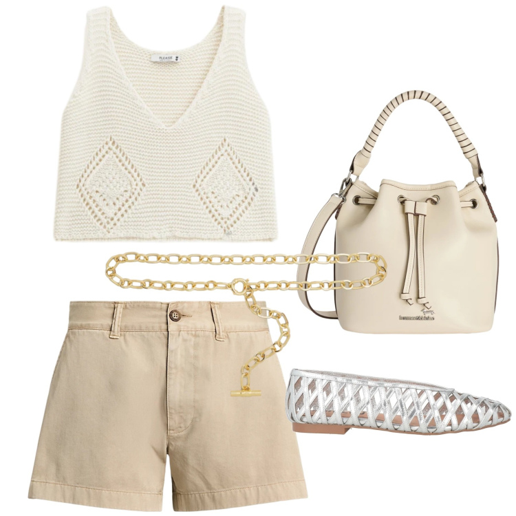 Outfit donna - Total look #2395370. Stile Basic per Tutti i giorni. Abbinamento con ballerine, borse a secchiello, top, shorts, cinture.