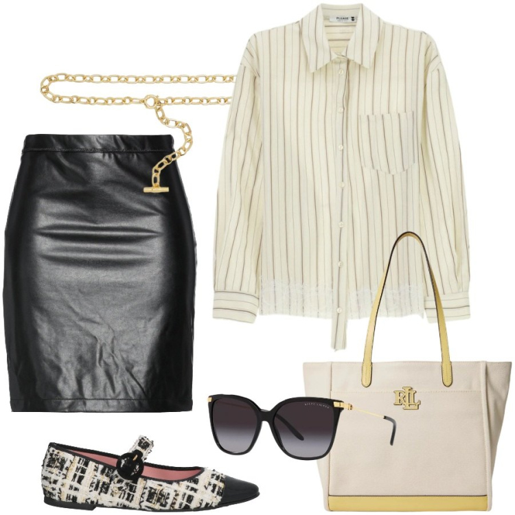 Outfit donna - Total look #2395371. Stile Urban per Tutti i giorni. Abbinamento con minigonne, ballerine, camicie, occhiali da sole, cinture, borse tote.