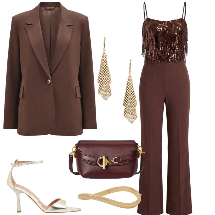 Outfit donna - Cerimonia. Stile Glamour per Cerimonia. Abbinamento con sandali in pelle, blazer, tute, borse a tracolla, braccialetti, orecchini.