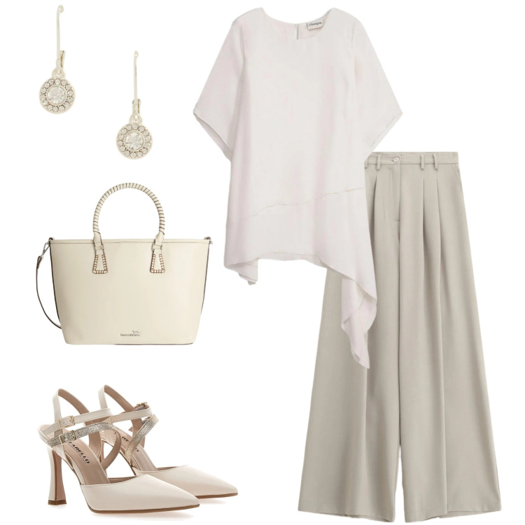 Outfit donna - Silhouette fluide e leggere. Stile Casual chic per Serata fuori. Abbinamento con bluse, shopping bag, pantaloni a palazzo, orecchini, décolleté.