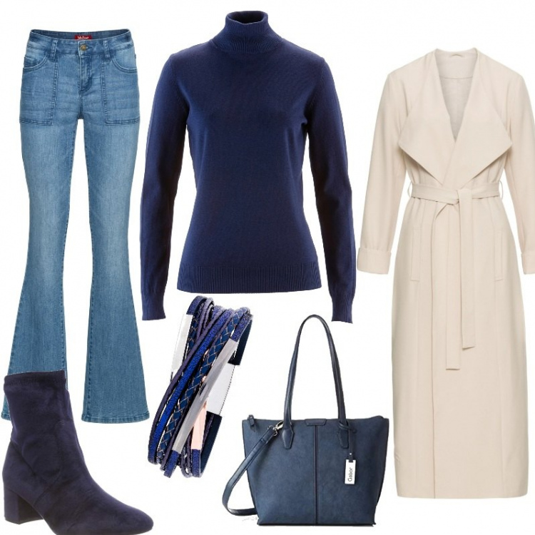 Outfit donna - Trendy con la zampa. Stile Trendy per Tutti i giorni. Abbinamento con maglieria, jeans elasticizzato bootcut blu, cappotto con spacco collo con revers, bracciale, stivaletti in velluto navy, borsa a spalla tote blu.