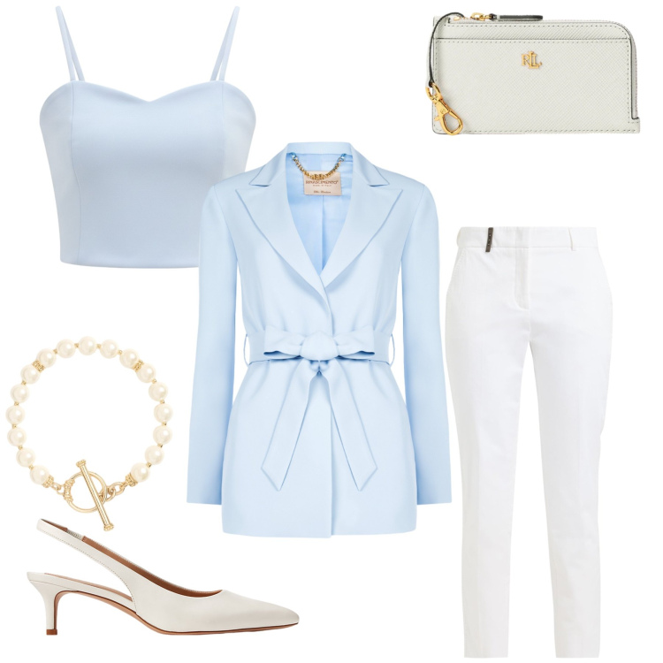 Outfit donna - Eleganza Pastello. Stile Glamour per Cerimonia. Abbinamento con pantaloni, blazer, top, décolleté, portafogli, braccialetti.