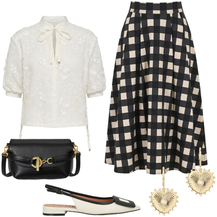 Outfit donna - Anni \'50. Stile Chic per Cerimonia. Abbinamento con ballerine, bluse, gonne longuette, borse a tracolla, orecchini.