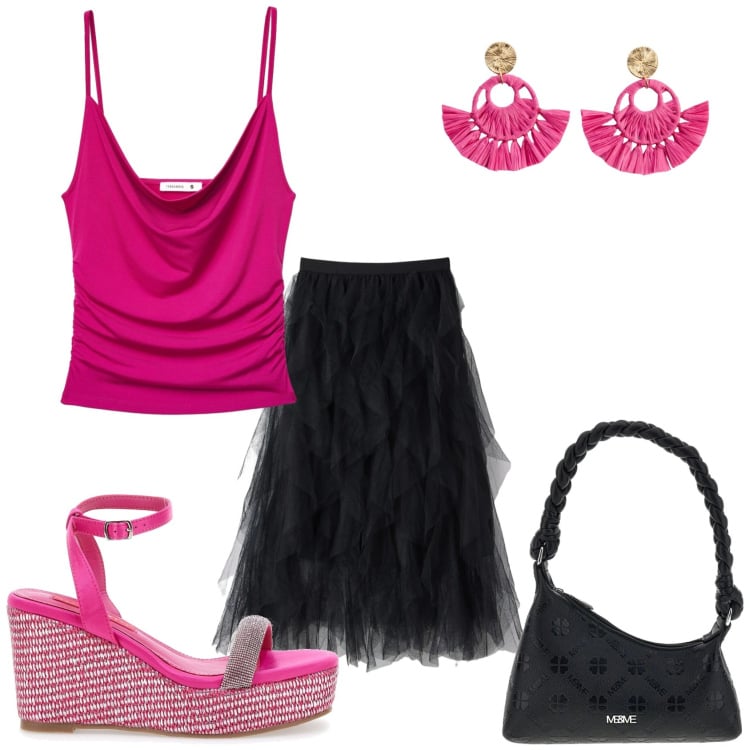Outfit donna - Serata di festa. Stile Trendy per Serata fuori. Abbinamento con orecchini, canottiere, gonne lunghe, zeppe, borse a mano.
