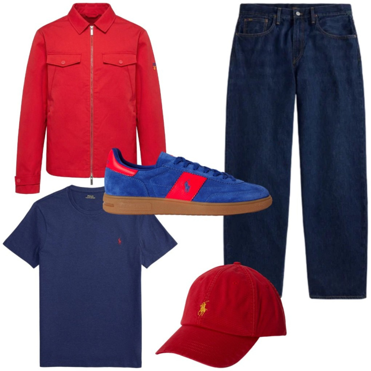 Outfit uomo - 47. Rosso-blu. Stile Urban per Tutti i giorni. Abbinamento con cappotti, t-shirt, sneakers, cappelli con visiera, jeans.