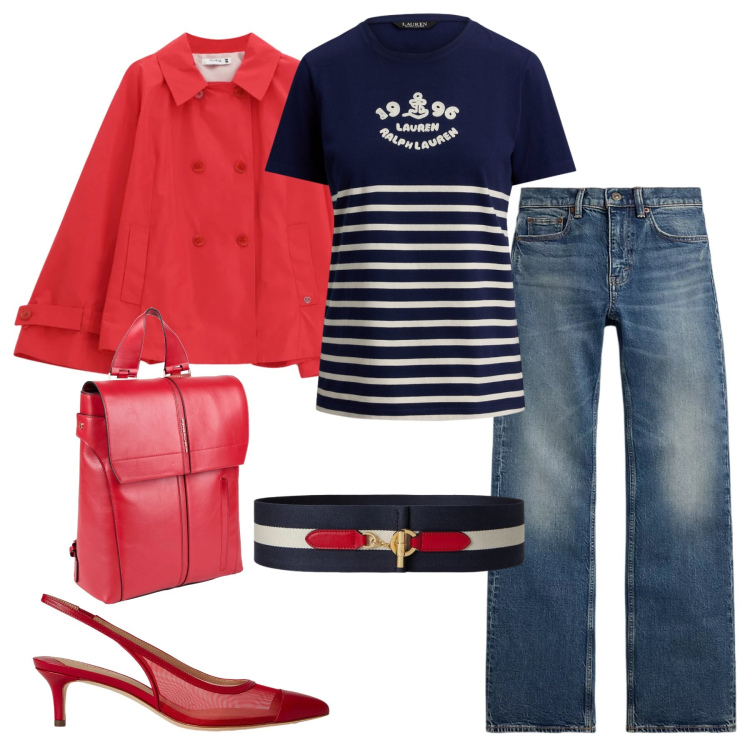Outfit donna - Stile marinaio. Stile Casual chic per Scuola/Università. Abbinamento con zaini, giacche, jeans bootcut, cinture, décolleté, t-shirt.