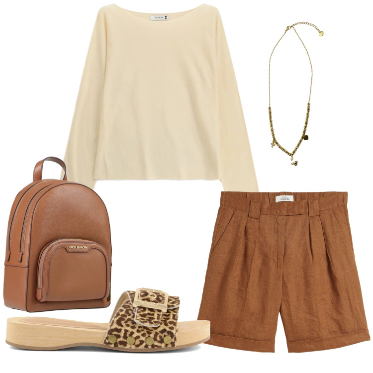 Outfit donna - Toni della Terra e Dettagli Animalier. Stile Casual chic per Tutti i giorni. Abbinamento con zaini, bermuda, maglieria, ciondoli, ciabatte.