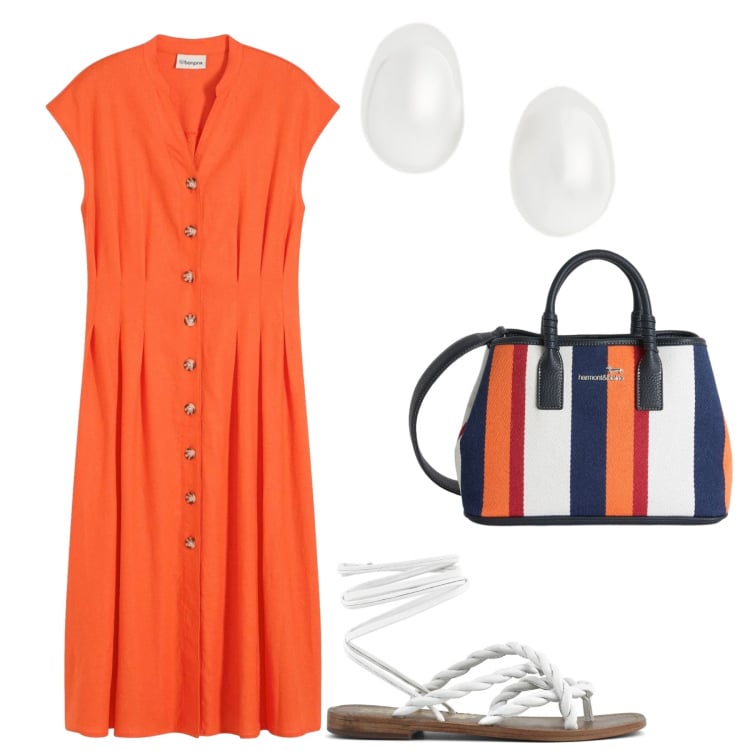 Outfit donna - Total look #2395394. Stile Basic per Mare. Abbinamento con vestiti midi/longuette, shopping bag, orecchini, sandali in pelle.