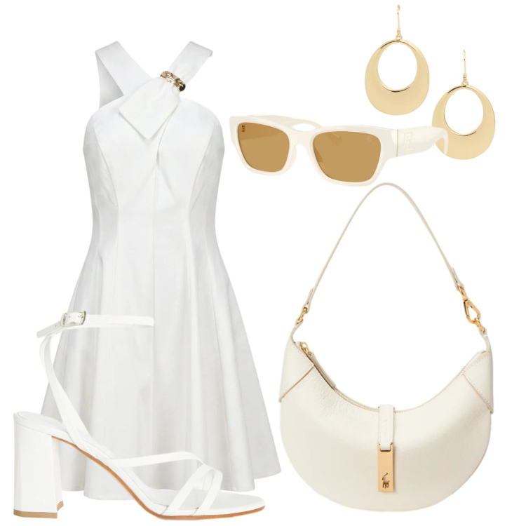 Outfit donna - Giornata in bianco. Stile Glamour per Tutti i giorni. Abbinamento con sandali in pelle, vestiti corti, borse a spalla, orecchini, occhiali da sole.
