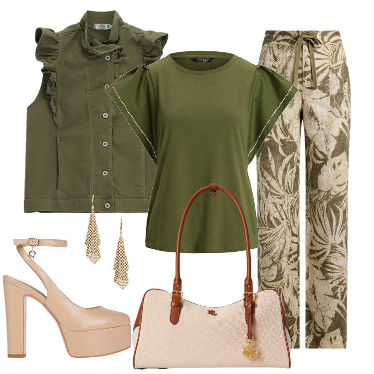 Outfit donna - In aereoporto. Stile Casual chic per Ufficio. Abbinamento con décolleté, top, gilet, pantaloni, orecchini, borse a mano.