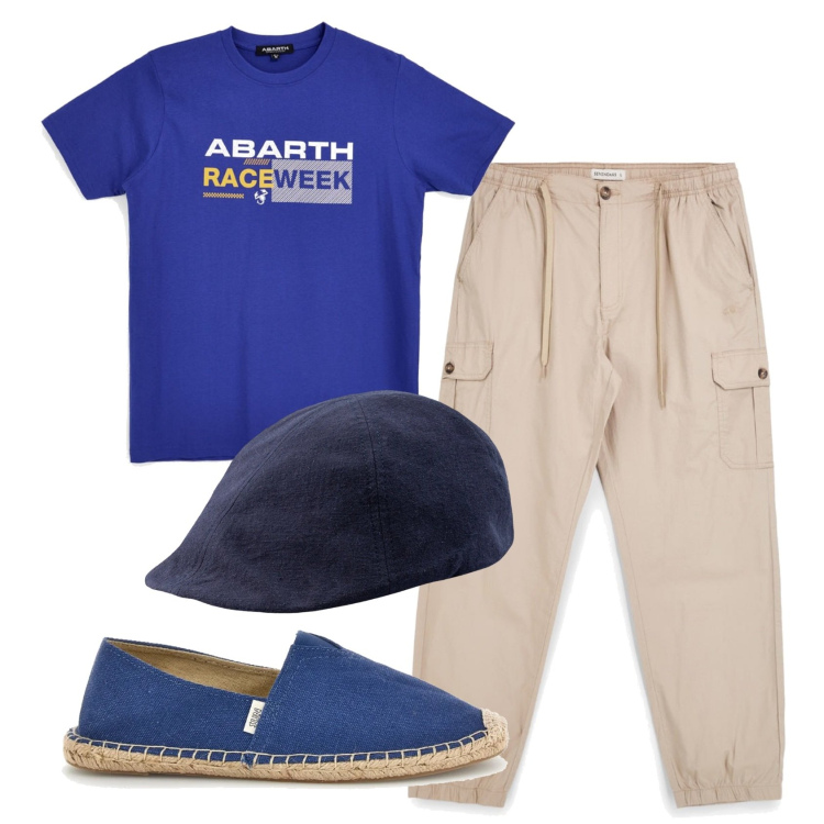 Outfit uomo - Total look #2395400. Stile Trendy per Tutti i giorni. Abbinamento con cappelli con visiera, pantaloni cargo, t-shirt, espadrillas.