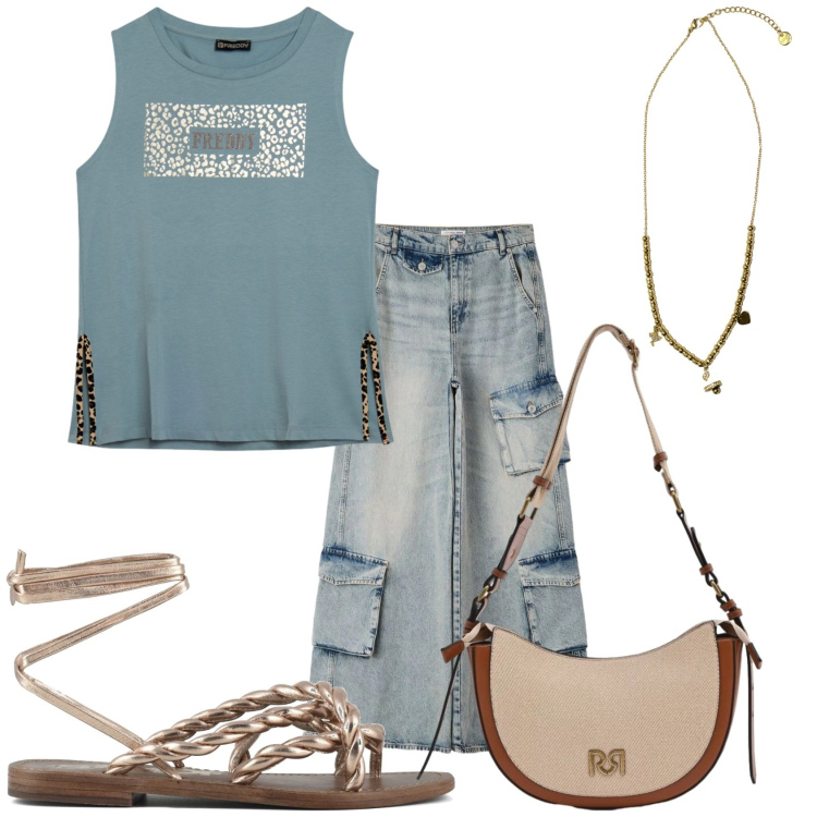Outfit donna - In giro per la città. Stile Casual per Tutti i giorni. Abbinamento con jeans, borse a tracolla, top, ciondoli, sandali in pelle.