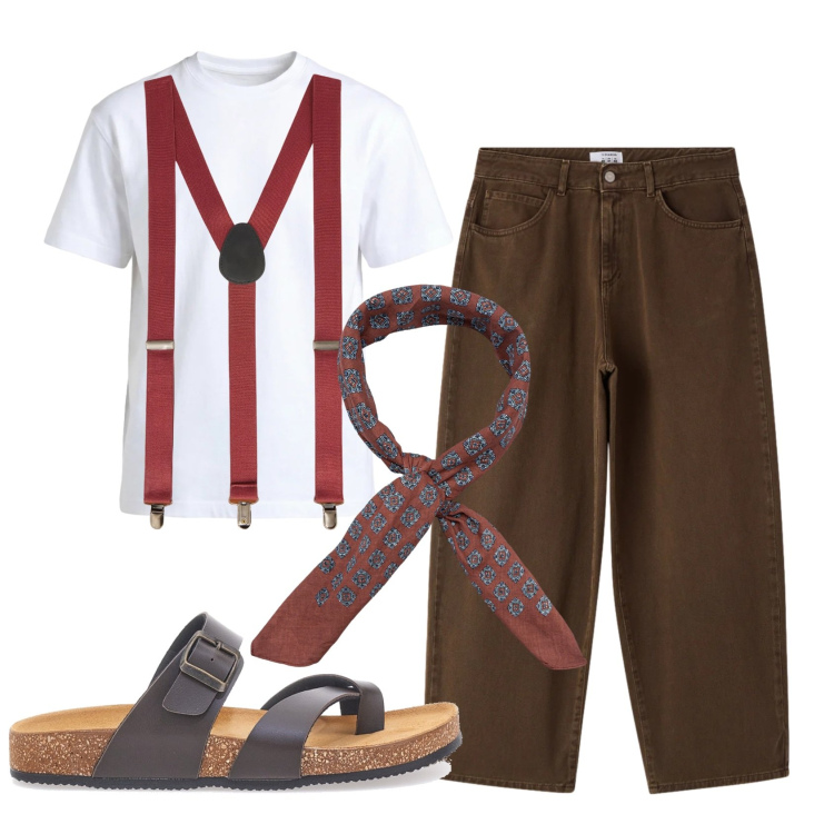 Outfit uomo - Total look #2395404. Stile Urban per Tutti i giorni. Abbinamento con pantaloni, t-shirt, bretelle, sandali, sciarpe e foulard.