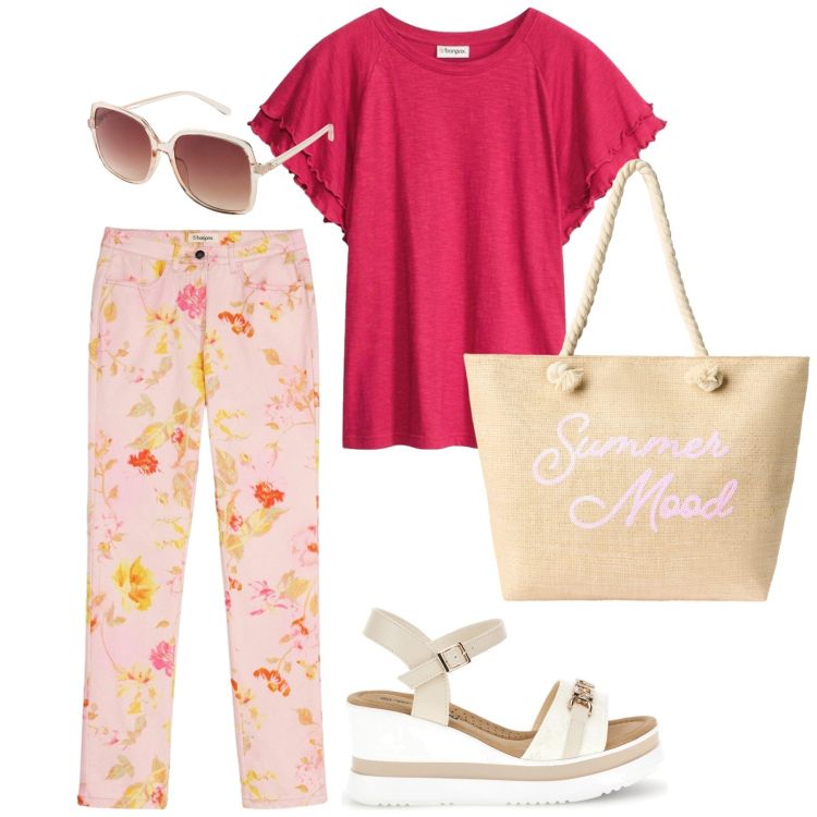 Outfit donna - Total look #2395405. Stile Basic per Mare. Abbinamento con occhiali da sole, t-shirt, pantaloni, borse tote, zeppe.